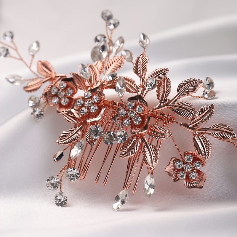 YERTTER Vintage Rhinestones Bride Wedding Hair Accessories for Brides Crystal Floral Leaves Bridal Hair Comb for Women (Rose gold) - Image 4